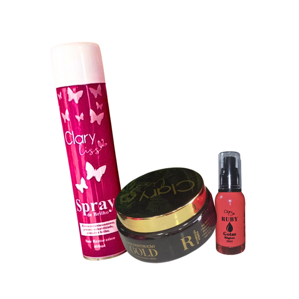 Kit Clary Liss Gotas Mágicas - Mascarilla Capilar Reconstrucción de Oro - Serum Capilar Spray de Brillo