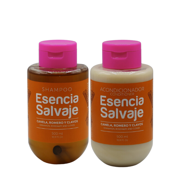 Shampoo y Acondicionador Con Romero, Canela y clavos Esencia Salvaje 500ml c/u