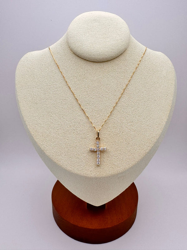 Chain Set (50cm) + Cross Pendant with Zircon Stones - 18 Kt Yellow Gold Jewelry